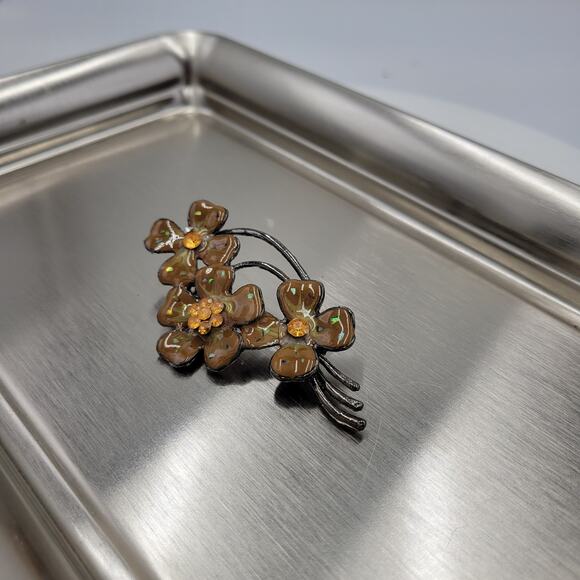 Vintage Enamel Brooch Pin 3" Brown Orange Flower Bouquet Rhinestone AB‎ Flecked - Picture 13 of 14